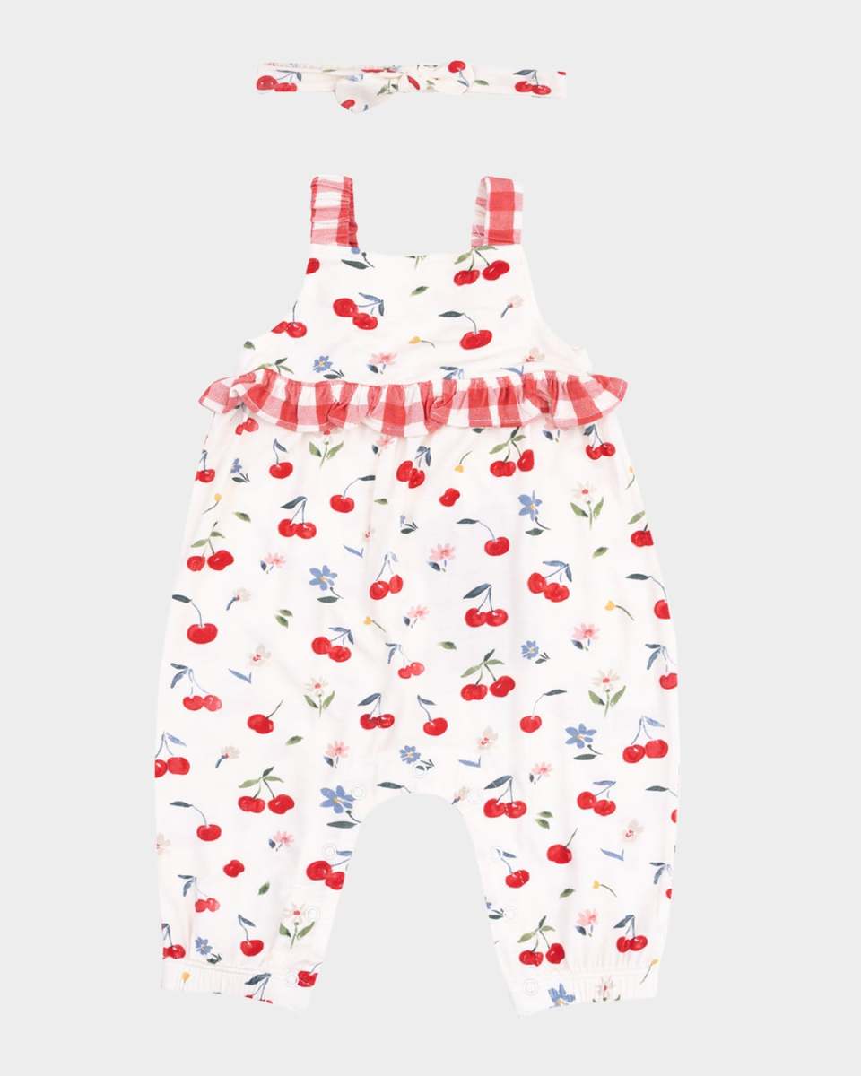 Girl's Watercolor Cherries Printed Romper W/ Knot Headband, Size Newborn-24